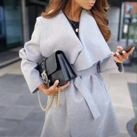 2021 fashion european and american autumn and winter solid color lapel long sleeved tie cardigan woolen coat womens clothing