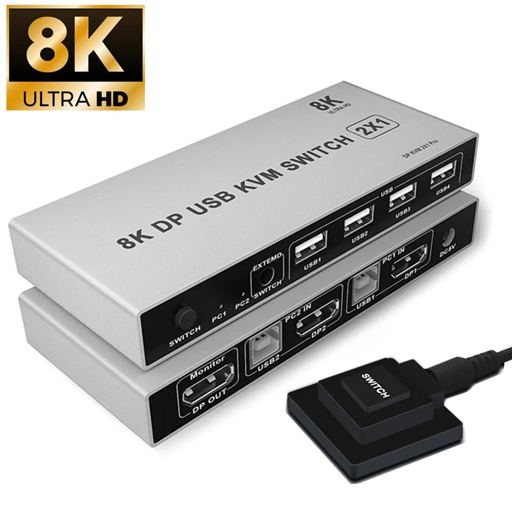 

Dual-port 8K DP USB KVM 2x1 Displayport KVM Switch 4K@144hz 8K 4K 60Hz DP 1.4 Switcher Box 2 in 1 out For Mouse Keyboad Sharing