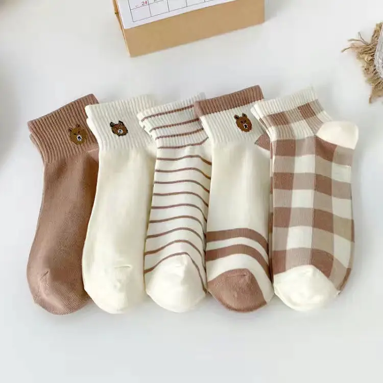 

5 Pairs Spring Summer Socks Set Ladies Elegant Retro Poly Cotton Low-Cut Women's Socks Breathable Casual Kawaii Cotton Socks