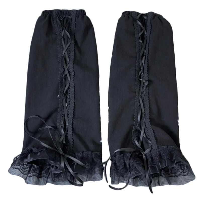 

Women Girl Gothic Punk Black Leg Warmers Harajuku Lace-Up Bandage Calf Socks Ruffled Lace Foot Cover