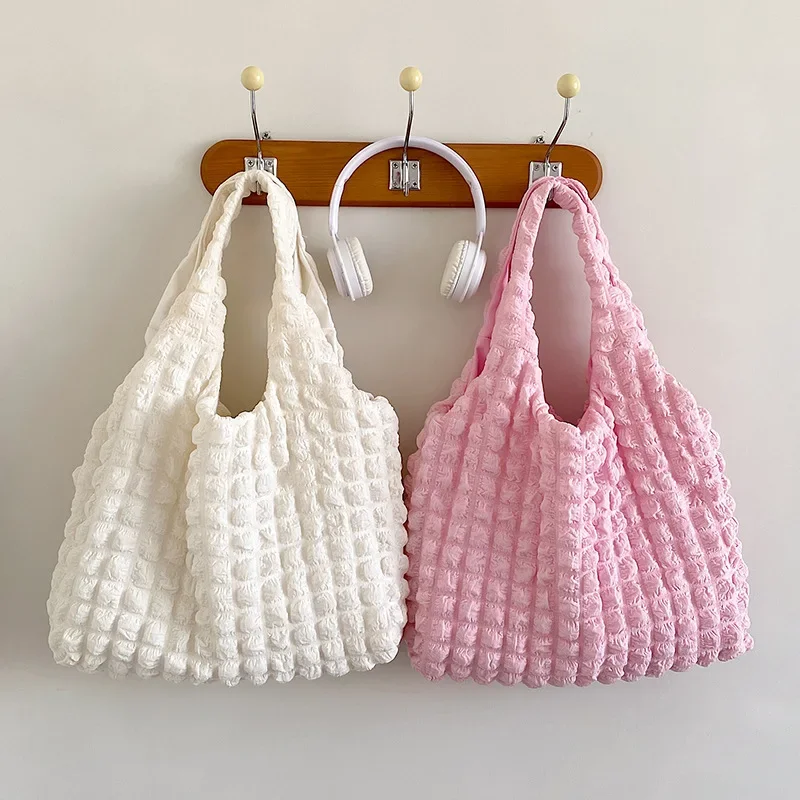 

New Korean Version Pleated Bubble Handbag For Girls Leisure Shoulder Bag Work Bento Bag Trendy Large Capacity Cloud Underarm Bag