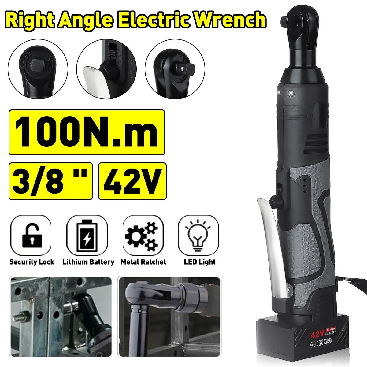 100N.m Electric Wrench 42V Cordless Ratchet Rechargeable Scaffolding Right Angle Wrench 3/8" with 2 Battery Charger Power Tool