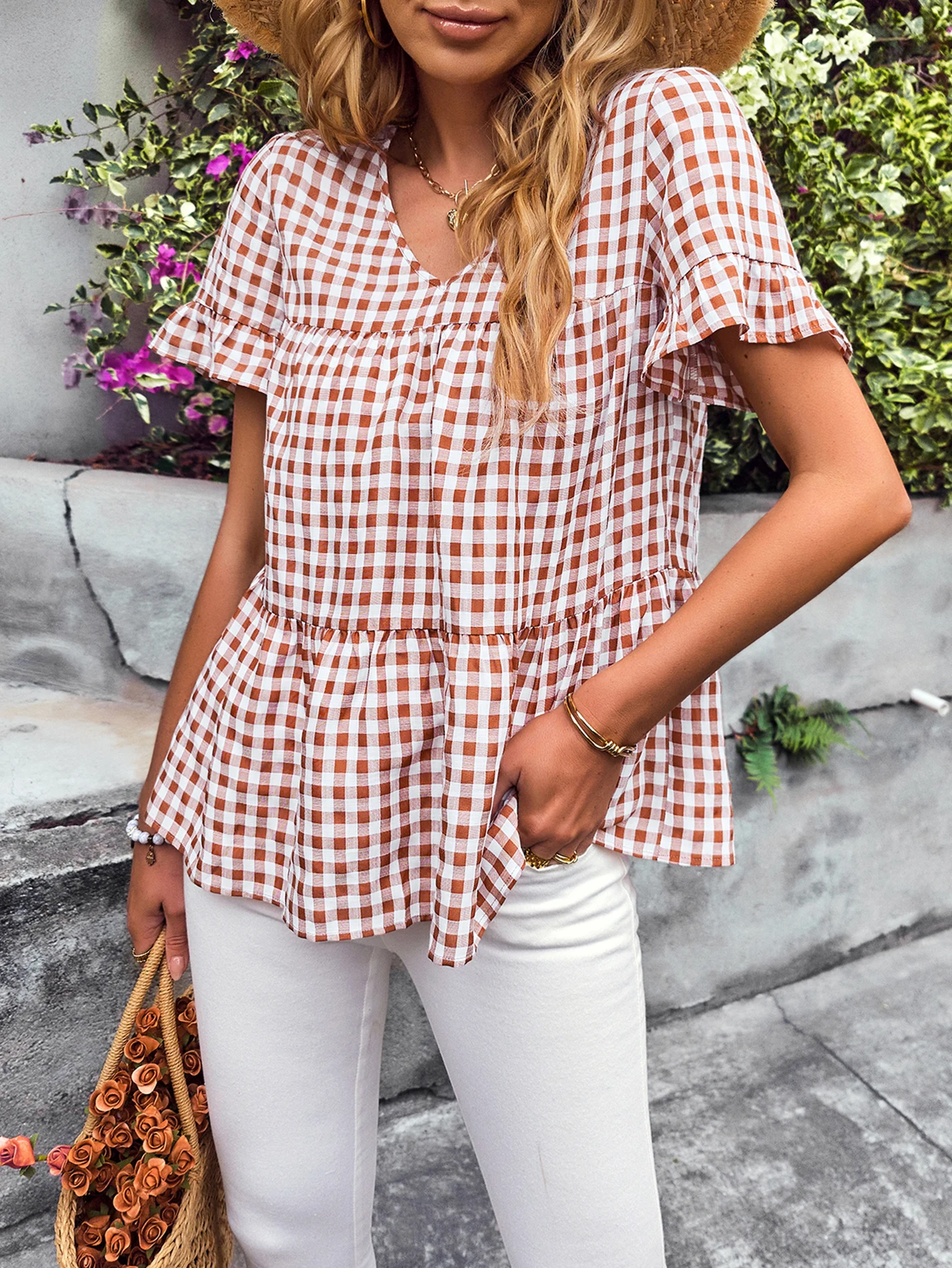 Женские летние клетчатые Топы GAOVOT с V-образным вырезом и коротким рукавом