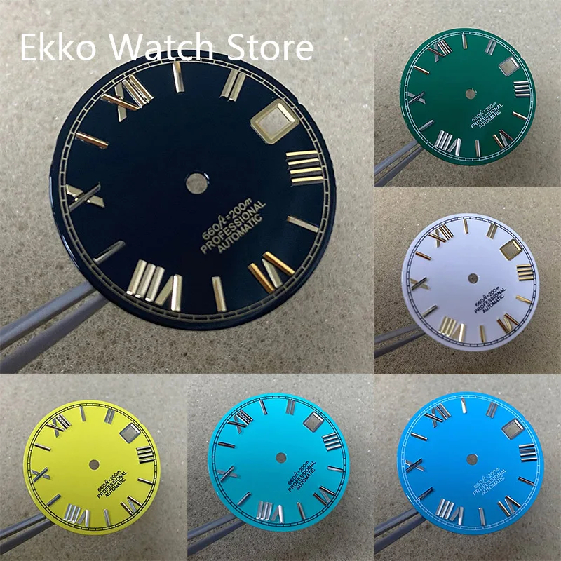 

28.5mm Black Enamel and Sunburst Cadran Roman Dial S Logo No Lume for NH35 Movement Seiko Mod Watch Face Repair Parts