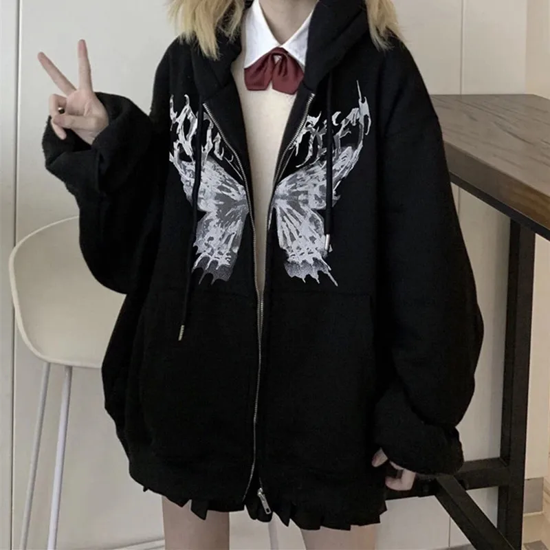 N GIRLS Harajuku Y2k Women Hoodie Autumn Gothic Butterfly Aesthetic Sweatshirt Style  Pocket Long Sleeve Hoodie Jacket Coat