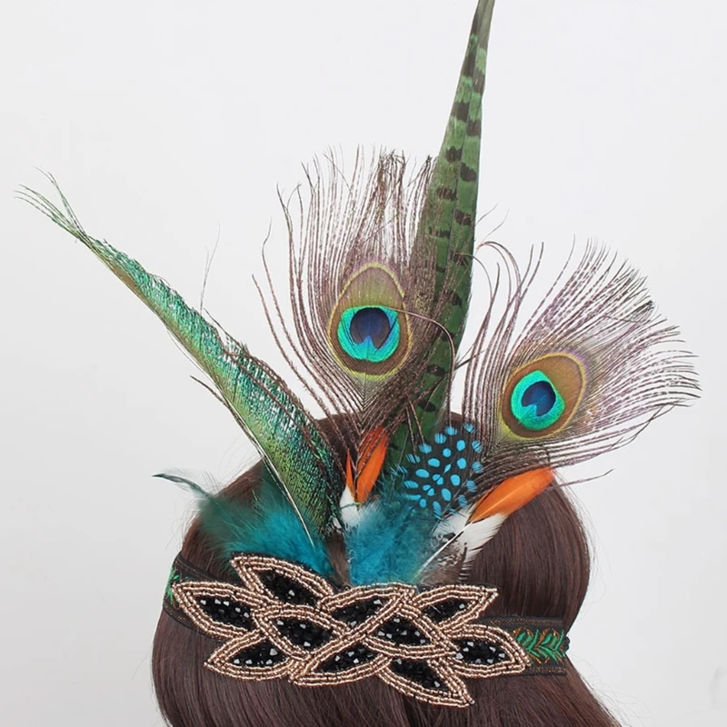 

Повязка на голову со стразами и перьями в этническом стиле, праздничная свадебная обруч для волос для девочек, Прямая поставка