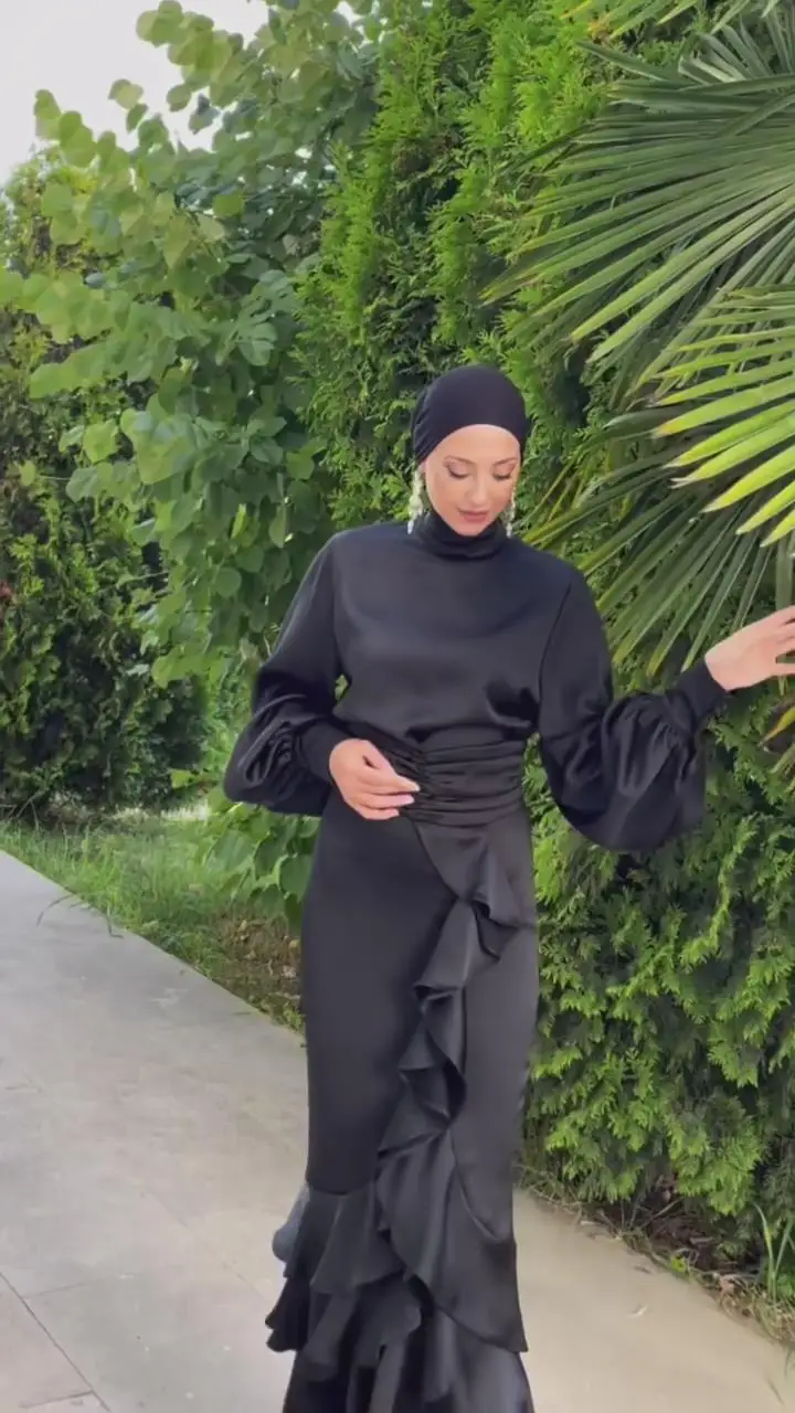 Islamic New Satin Round Neck Shirt Long Sleeve Ruffled Half Skirt Solid Color Slim Fit Muslim Women's Long Dress Two Piece Set