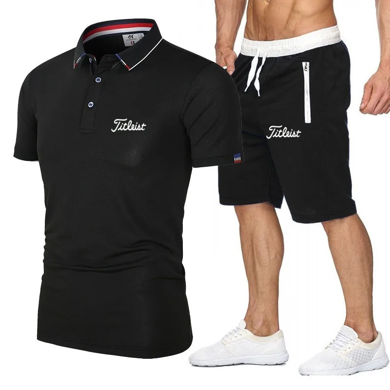 

New Men's High Quality Summer Suit Golf Polo Shirt Set Fashion Cotton Golf Polo Short Sleeve + Elastic Waist Shorts 2 Piece Set