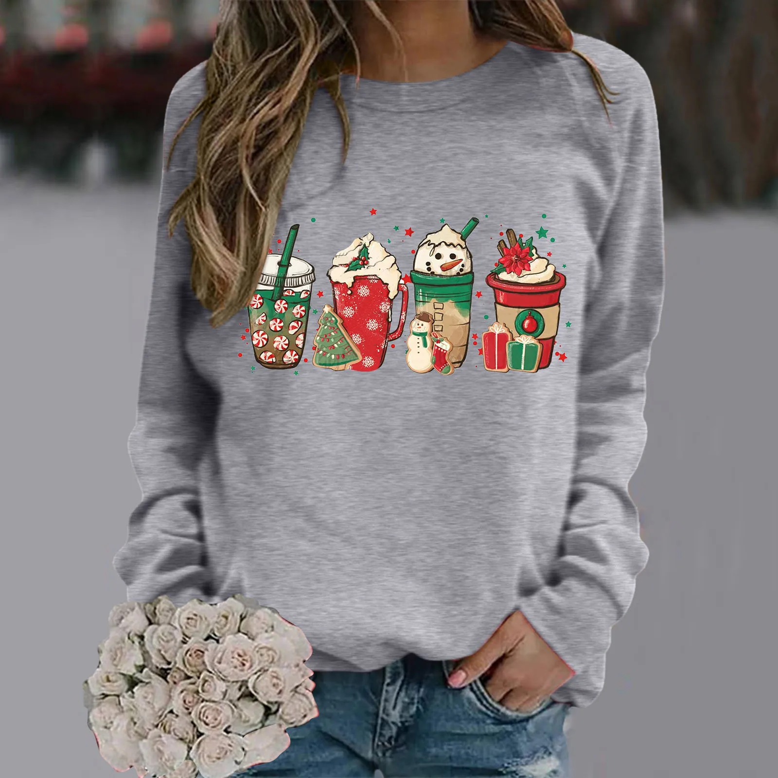 

Женский Повседневный Свободный Топ с милым принтом, однотонный топ с круглым вырезом и длинным рукавом, свободный Рождественский топ с круг...