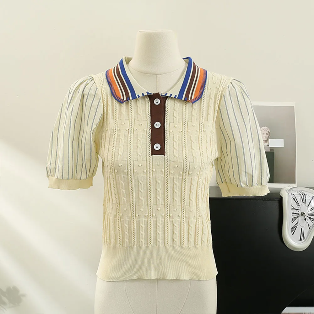 

2023 Summer Chic Patchwork T-shirts Women POLO Collar Striped Bubble Sleeve Tees Slim Sweater Vintage Fashion Pullovers Tops