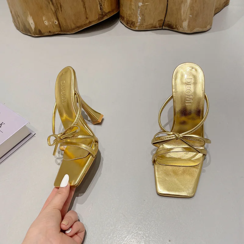 

2022 New Summer Sandals Square Toe Women Sandals Comfort Women Shoes Fashion Genuine Leather Buckle Strap High Heels Shoes Woman