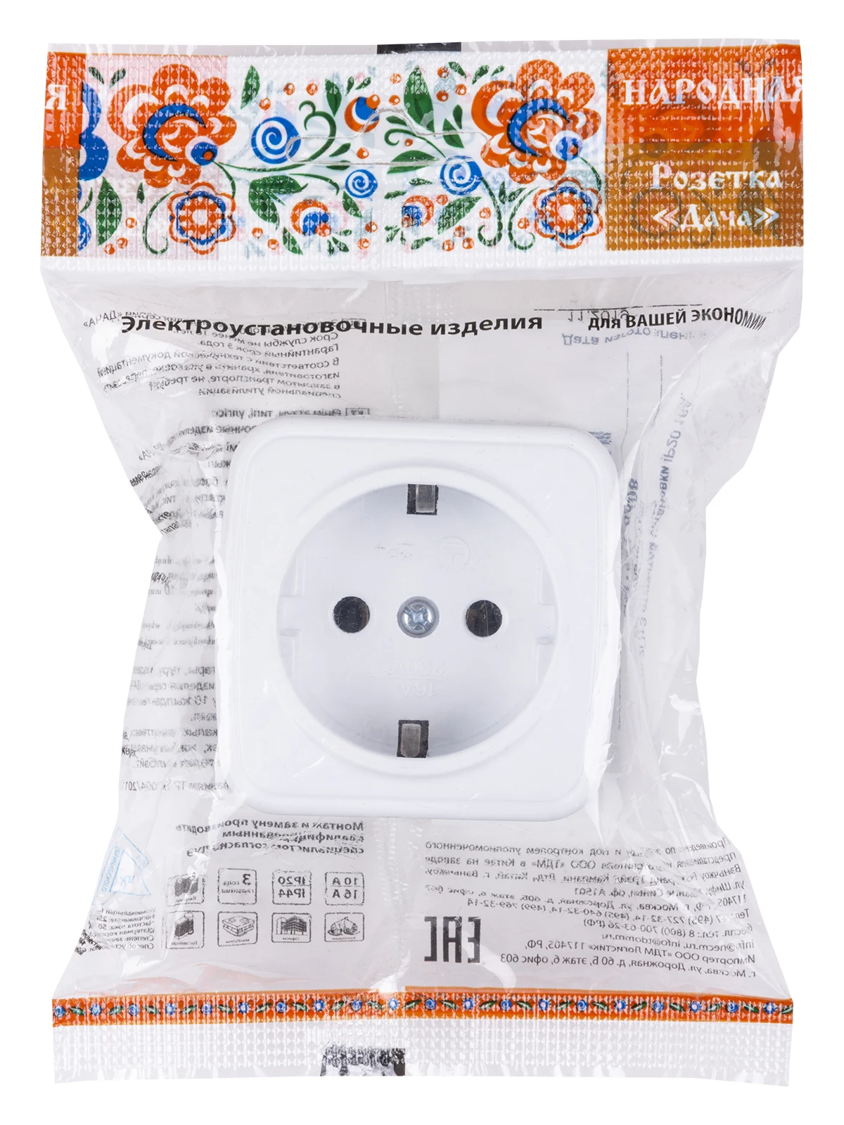 Розетка 2П+З открытой установки IP20 16А белая &quotДача&quot Народная |