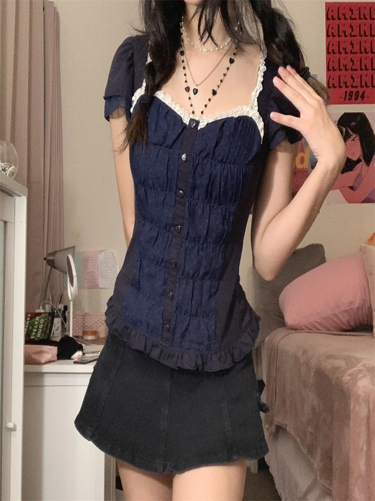 

Женская Кружевная футболка с коротким рукавом и квадратным вырезом