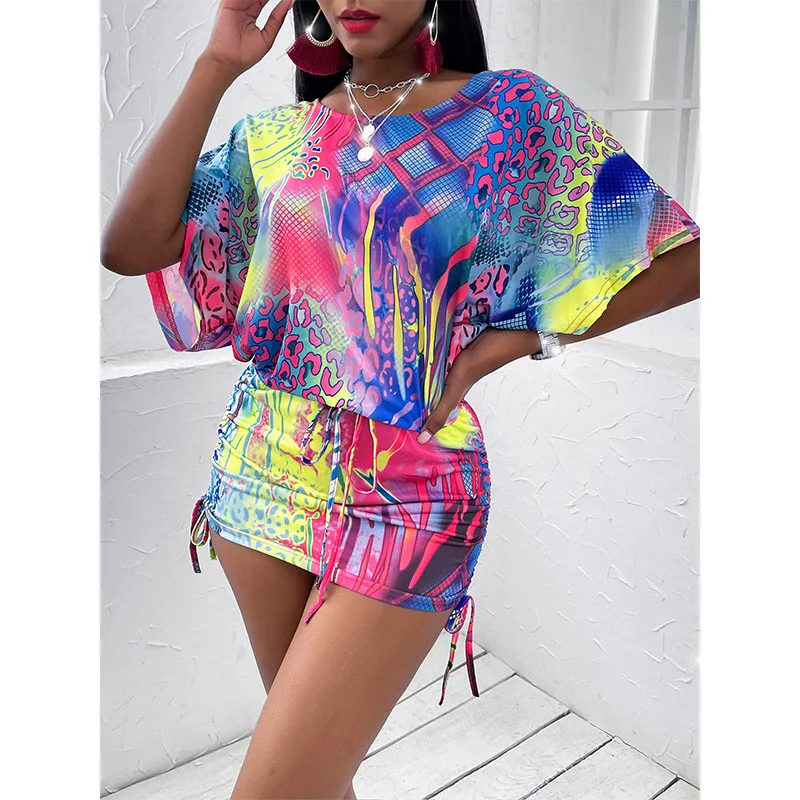 

Fashion Summer Women Wrap Hip Short Sleeve Dress Slim Fit Casual Drawstring Design Dress For Ladies Beach Party Dating Dress