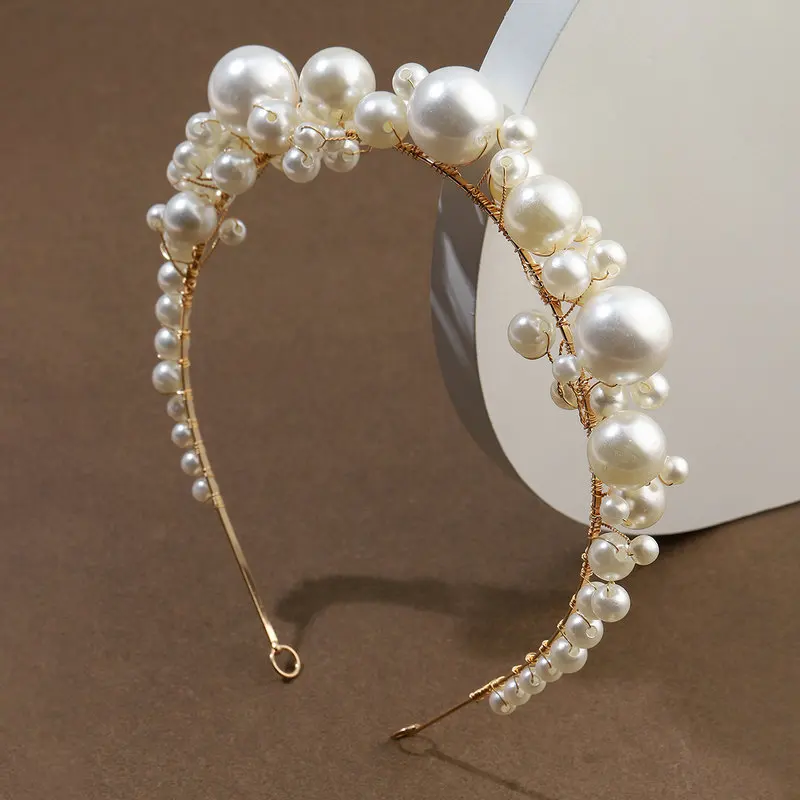 Vintage Bridal Tiara Simple Pearl Crown Headband Handmade Women Prom Jewelry Wedding Hair Accessories