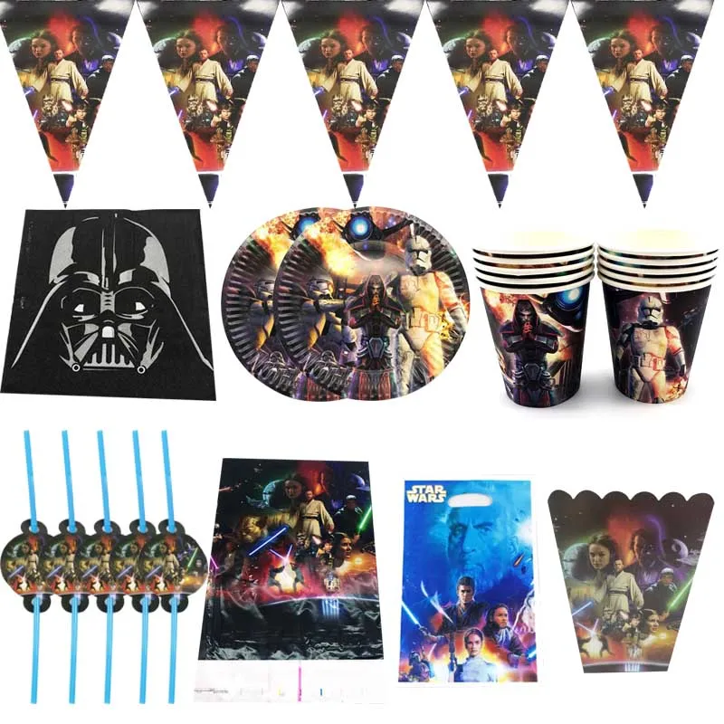 

83pcs/lot Star Wars Theme Popcorn Boxes Banner Tablecloth Napkins Birthday Party Loot Bags Straws Plates Cups Decorate Flags