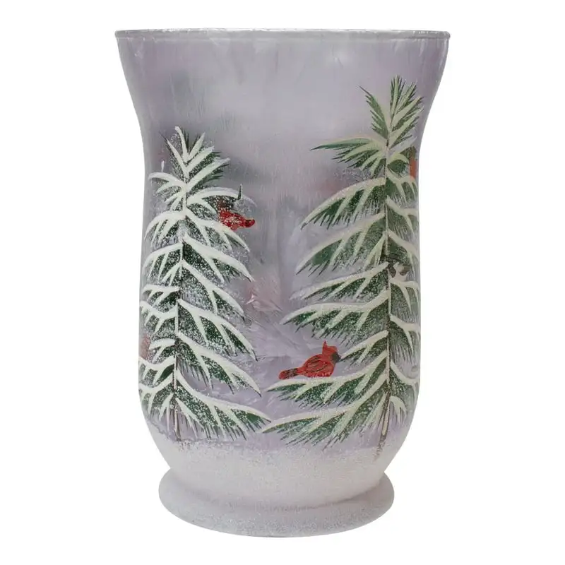 

Hand-Painted Pine and Birds Flameless Glass Christmas Candle Holder