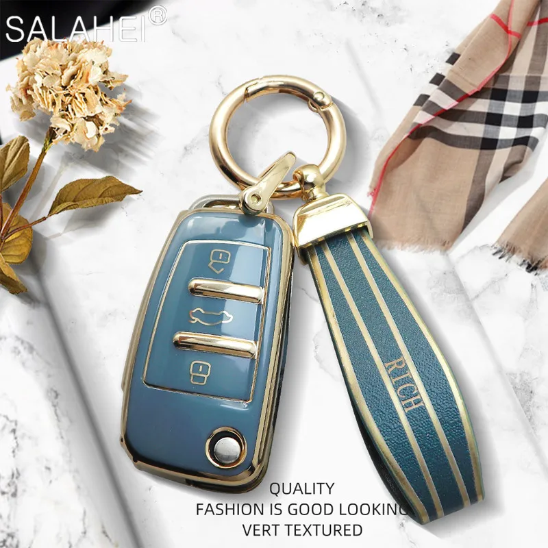 

TPU Car Key Case Shell Protector Gold Edge Design For Audi A1 A3 A4 A5 A7 A8 C4 C5 C6 8L 8P B6 B7 B8 RS3 Q3 Q5 Q7 TT 4F 8N 8V S3