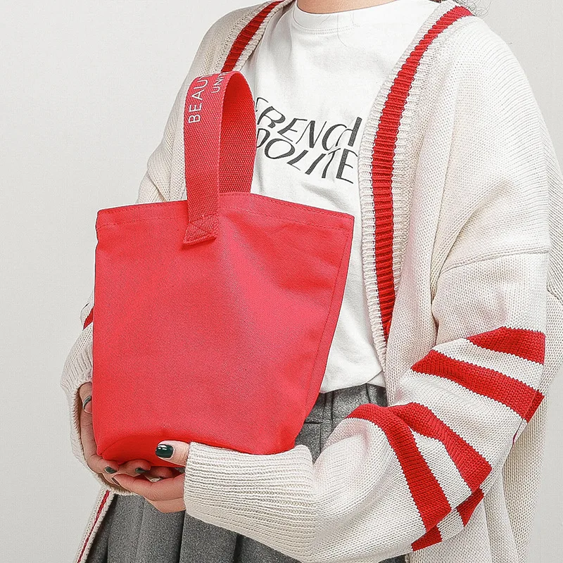 

Simple Fresh Letter Print Canvas Handbag Candy Solid Women's Portable Bucket Bag Fashion New Korean Cute Girl Top Handbag