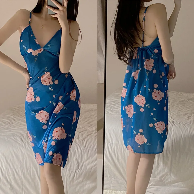 Printing Women Sexy Silk Stain Sleepwear V-neck Camisolas Sling Nightwear Home Clothes Nightgown Nighty for Ladies Nightdress