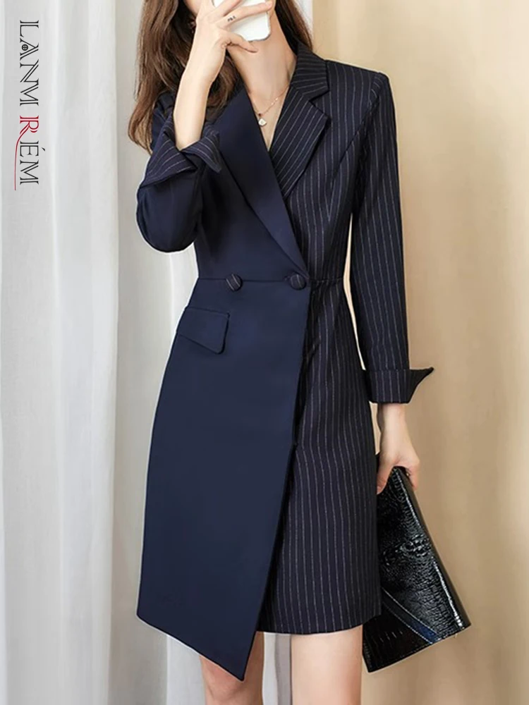 LANMREM Office Lady Dress For Women Notched Collar Long Sleeves Belt High Waist Slim Female Dresses 2023 Autumn New 2AA1100