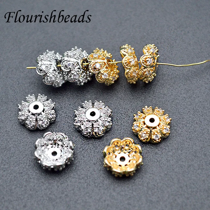 50pc/lot  Gold Plated CZ Beads Paved Brass Flower Beads Caps High Quality Diy Jewelry Accessories