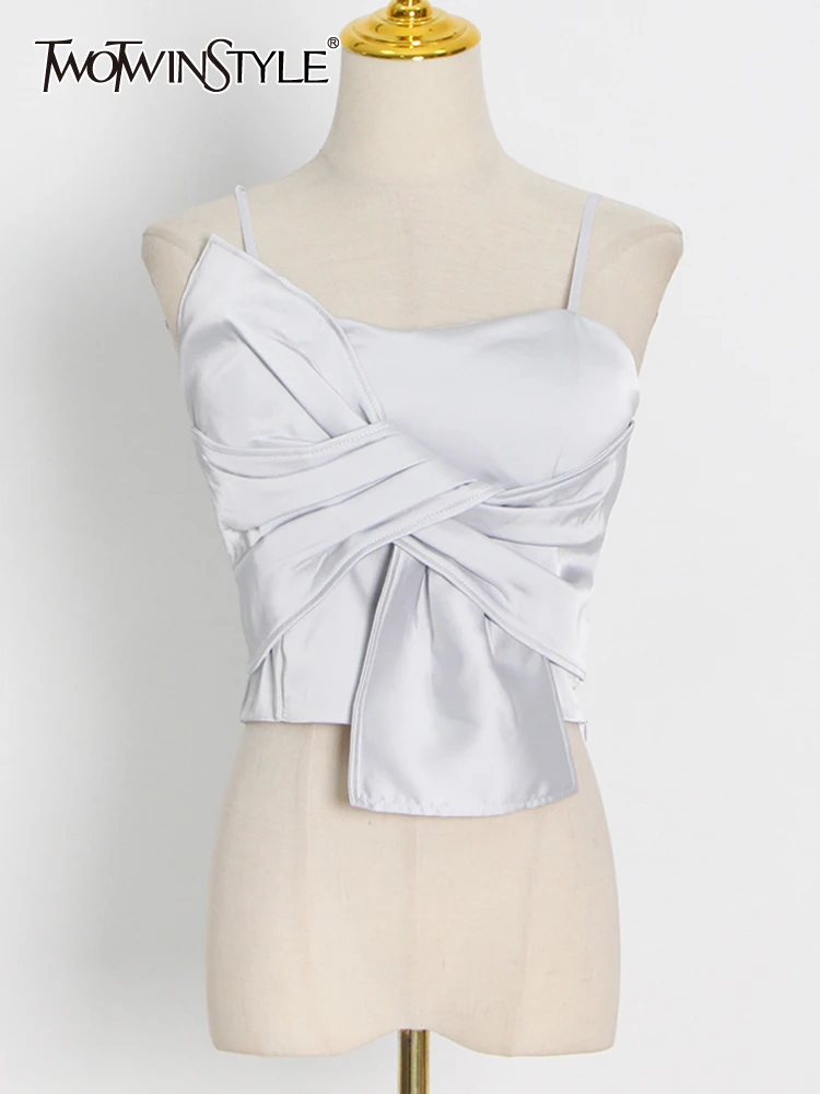 

TWOTWINSTYLE Sexy Slim Irregular Tank Top For Women Square Collar Sleeveless Patchwork Bowknot Solid Vests Female Summer Clothes
