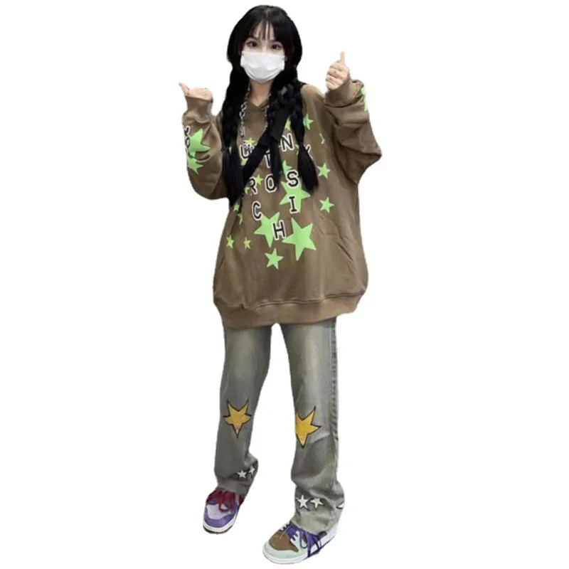 American street jeans men and women's high waist loose straight tube 2022 autumn new hip hop wide leg pants show thin fashion in