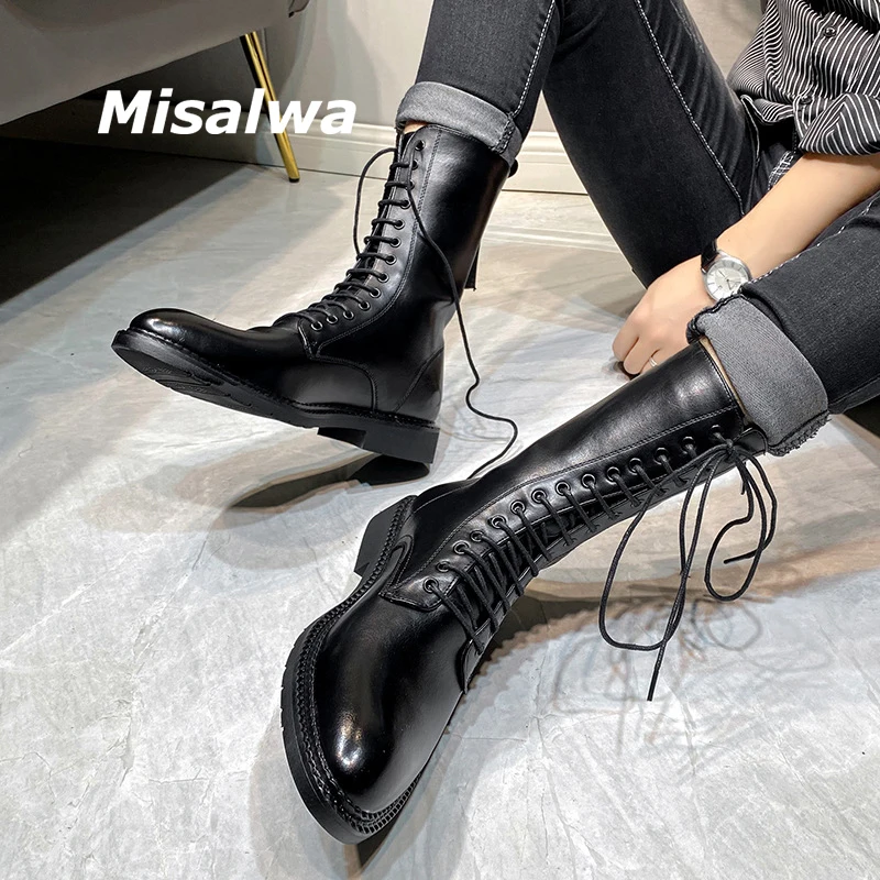 

Сапоги Misalwa мужские до середины икры, на шнуровке, британские элегантные мотоциклетные сапоги на молнии, В рыцарском стиле, черные