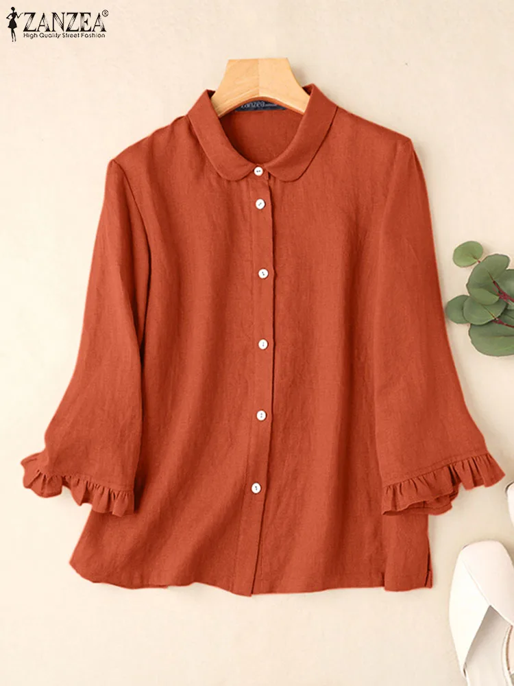

Женские винтажные однотонные хлопковые топы ZANZEA 2023, модная Осенняя Повседневная Блузка с рукавом 3/4, рубашка на пуговицах, женские свободные блузы