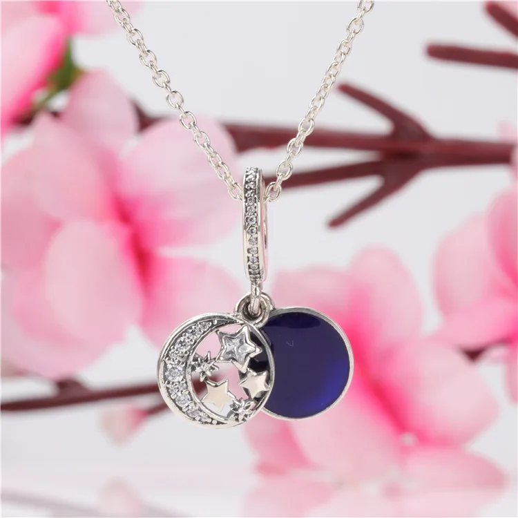 

925 Silver Vintage Night Sky Blue Stars Moon Charm Fit Original Bracelet Necklace