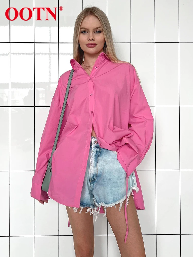 

Женские рубашки с разрезом OOTN, весенние, уличные, стильные, на шнуровке, с отворотом, длинные, модные, розовые, свободные, повседневные, униве...
