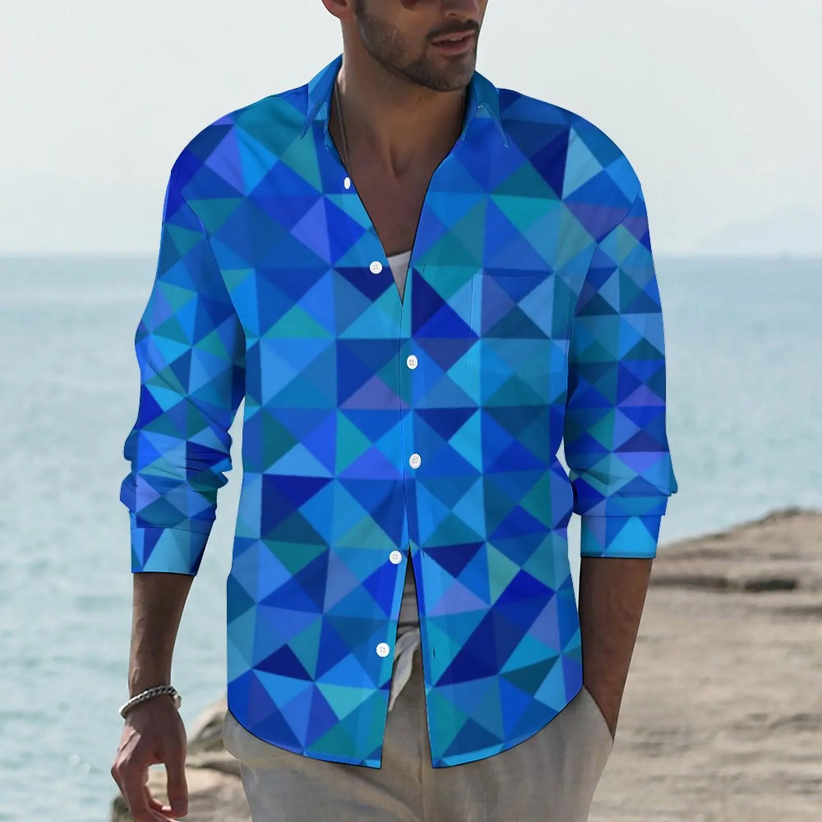 

Blue Geo Print Shirt Spring Abstract Triangle Casual Shirts Male Vintage Blouses Long Sleeve Graphic Streetwear Plus Size 4XL