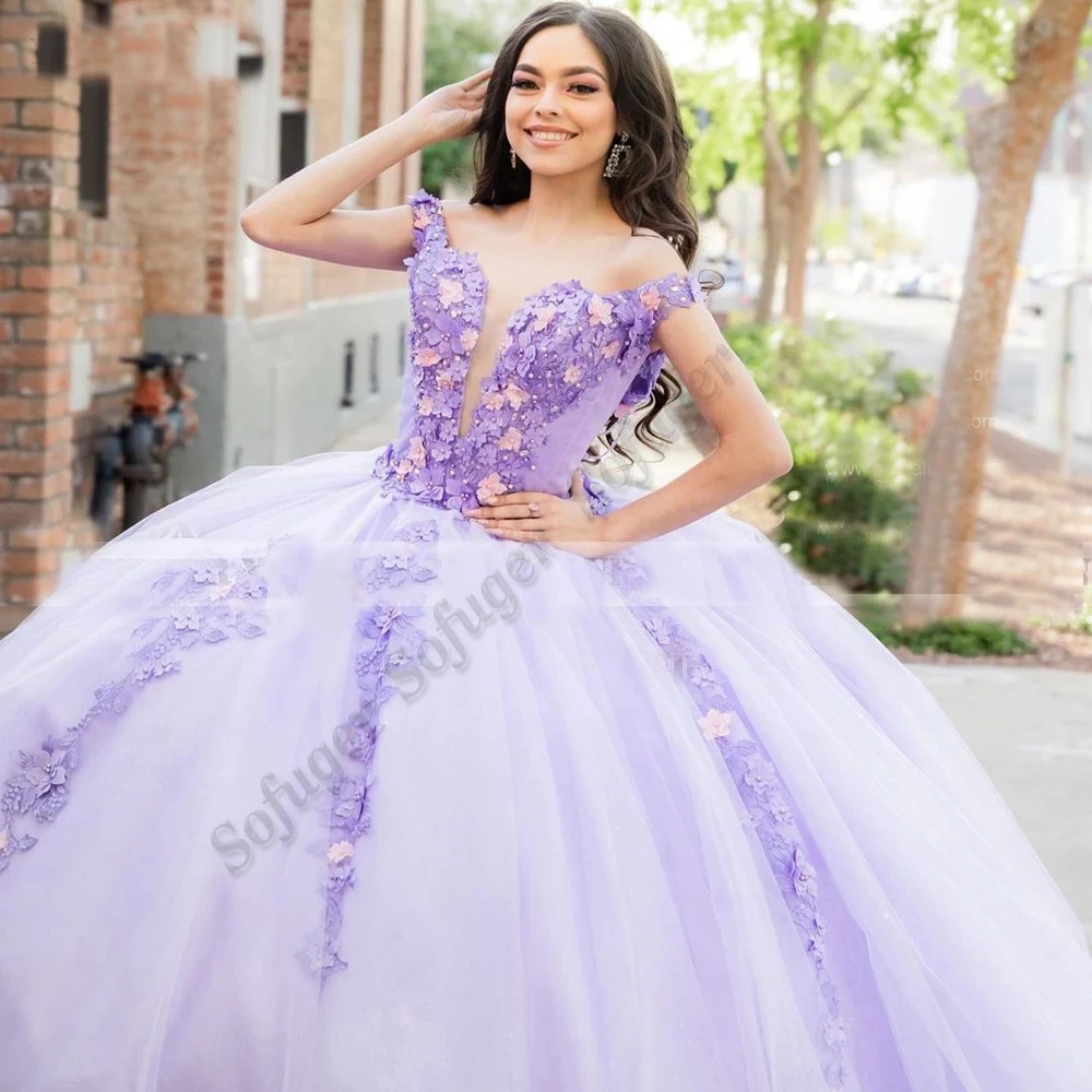

Fashion Ball Gown Quinceanera Dress 2022 Tulle Appliques Flowers Long Skirt Purple Sleeveless Fabulous Abendkleider Party Sweep