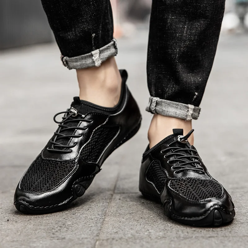 

Summer Men Designer White Zip Bussiness Loafers Personality Mesh Black Man Casual Soft Leather Driving Shoes Size 38-46