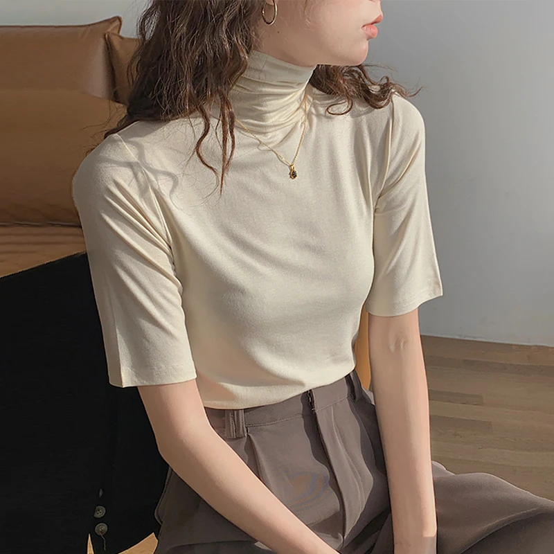 

2023 turtleneck render unlined upper garment of female pure color T-shirt with short sleeves