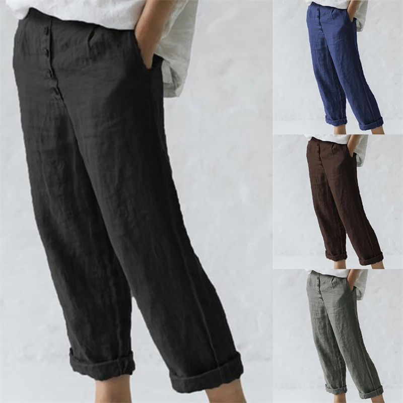 Women Elastic Waist Ankle Pants Casual Polyester Pants Loose Capri Harem Trousers Female Solid Retro Trousers Summer