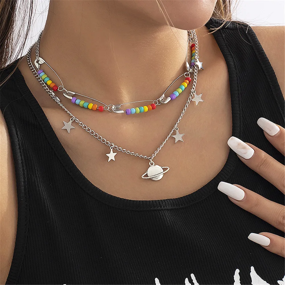 

Creative Planet Pendant Pin Chokers Necklace Set for Women Egirl Bohemian Beaded Chain Necklace Statement Jewelry Gift 2022