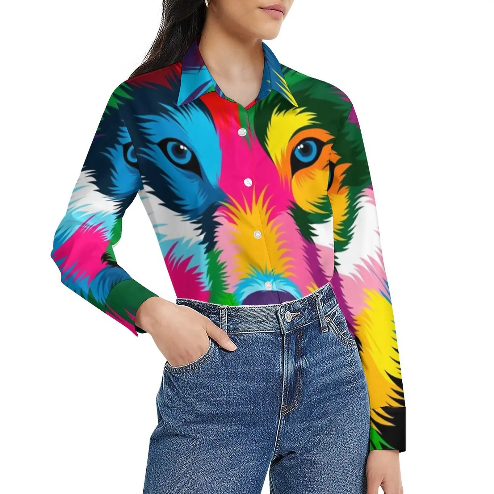 

Wolf Head Loose Blouse Funny Animal Print Streetwear Oversize Blouses Women Long-Sleeve Elegant Shirt Spring Graphic Clothes