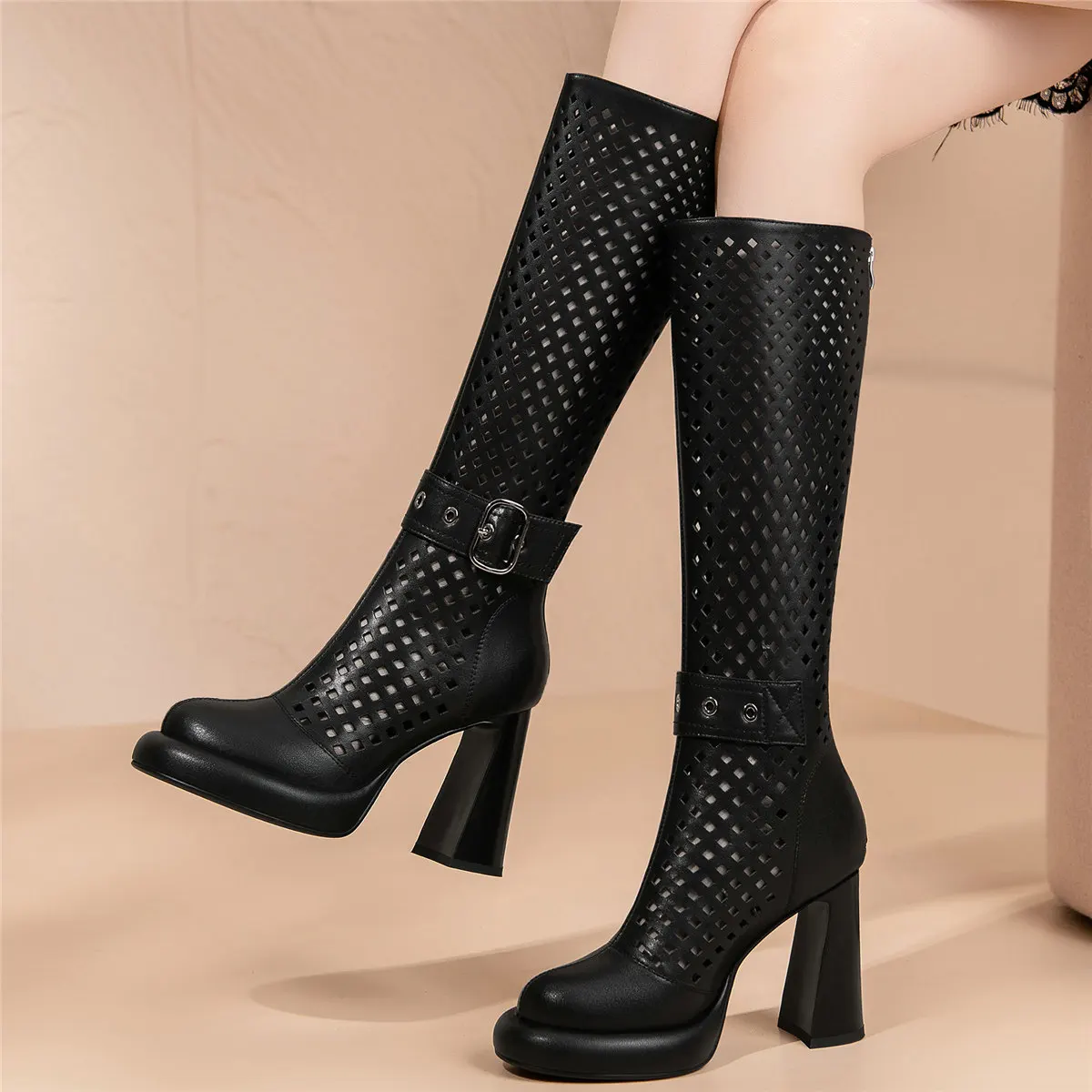 2023 Summer Platform Pumps Shoes Women Hollow Genuine Leather Thigh High Boots Female Round Toe Gladiator Sandals Casual Shoes