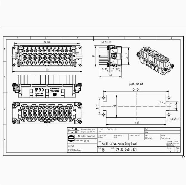 1 шт. 09320463101 HARTING HAN 46EE-F-C HARTING 46-контактный разъем-вставка (гнездо), оригинальный продукт (art.: 3920d9a20719e) - 3920d9a20719e