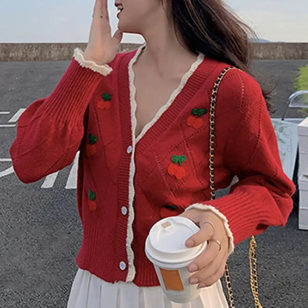 

Fashion Sweater Cardigan Long Sleeve V-Neck Single-Breasted Patchwork Edge Cherry Print Cropped Sweater Cardigan