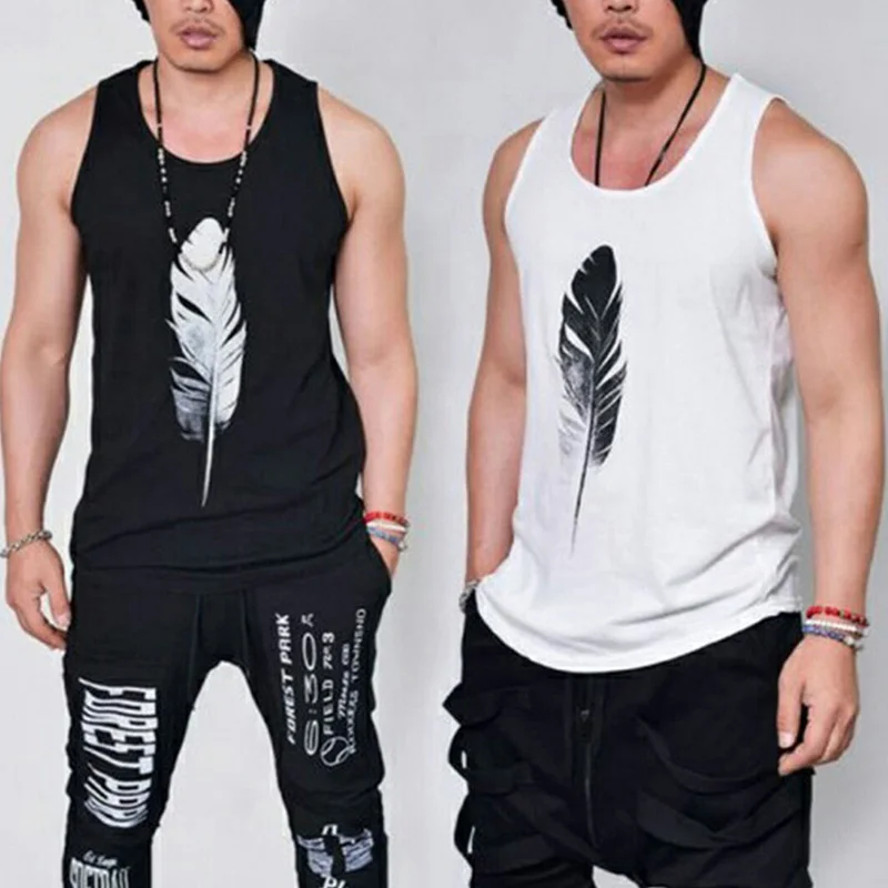 

Art Feather Print Casual T Shirt Men O-Neck Tops Boy Tee Shirt Fashion Sleeveless Tshirts For Male Clothing NQ819953