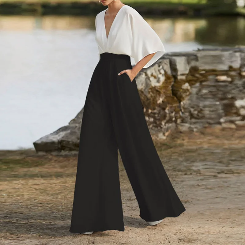

Elegant Office Jumpsuit Summer V Neck Half Sleeve Loose Romper 2023 Women Splicing High Waist Wide Leg Pants Jumpsuit Overall