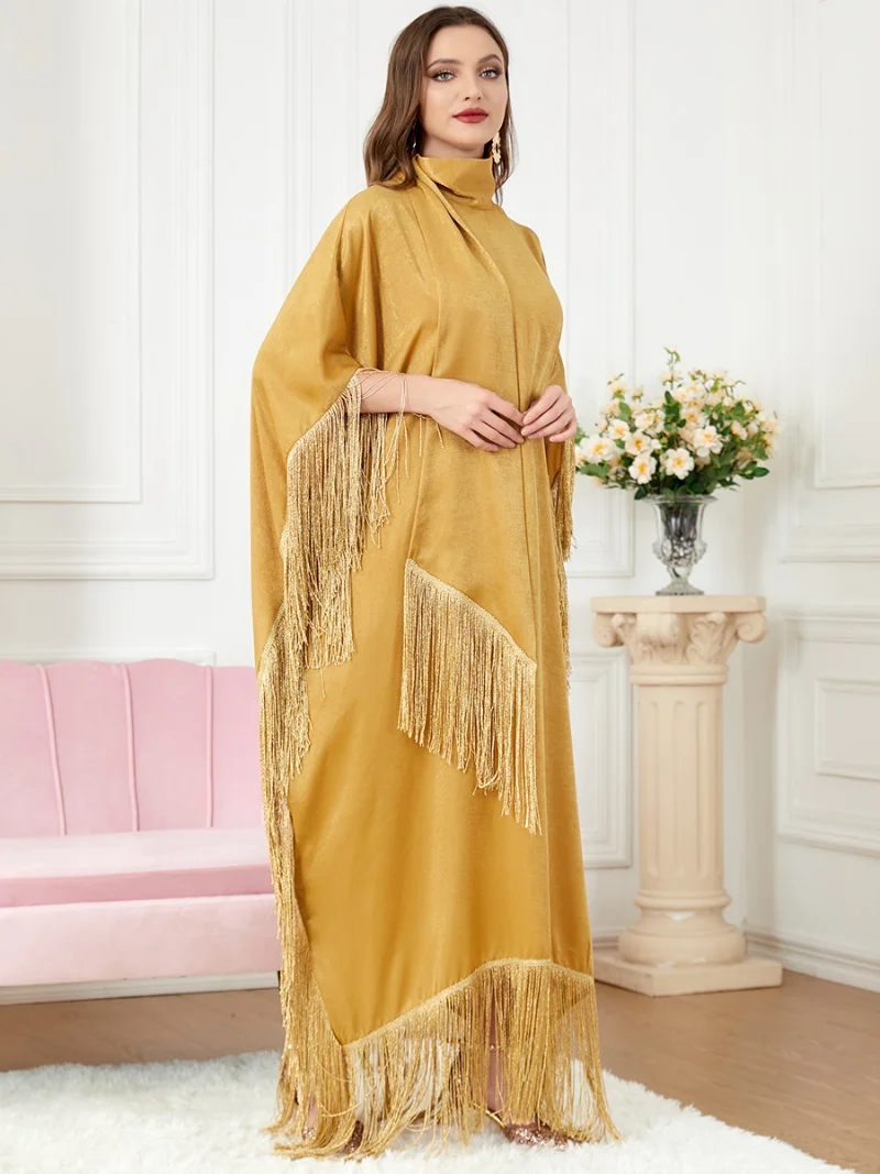 Fringe Kaftan Moroccan Batwing Caftan for Women Soft Satin Patchwork Scarf Batwing Muslim Long Dress Dubai Turkish Modest Abayas