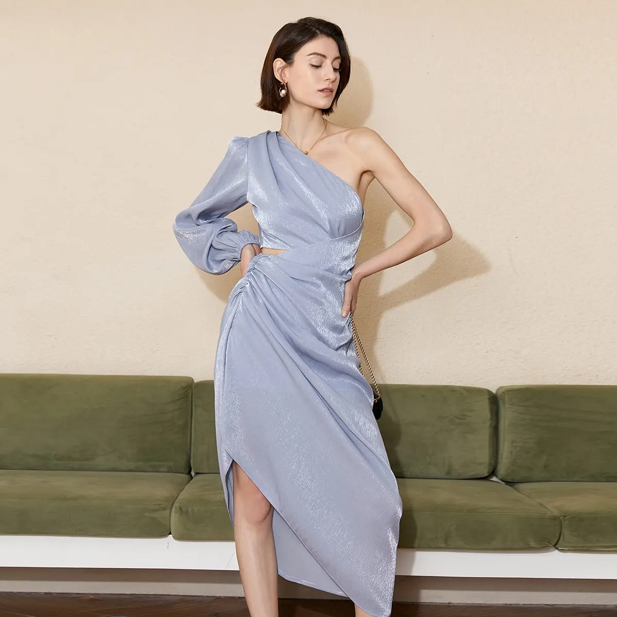 AEL Элегантное женское атласное корсетное платье Сексуальная мода на одно плечо с