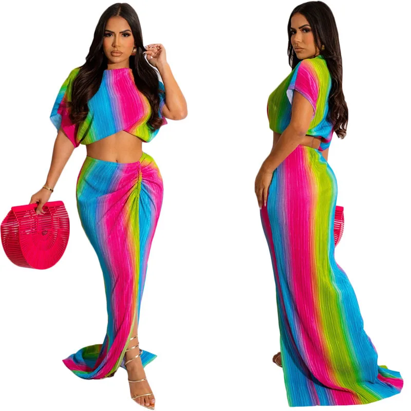 

Sexy Ladies Fashion To Rainbow Printing Crushing Skirts Two Piece Outfit Maxi Dresses For Women Summer 2023 Costumes Vintage