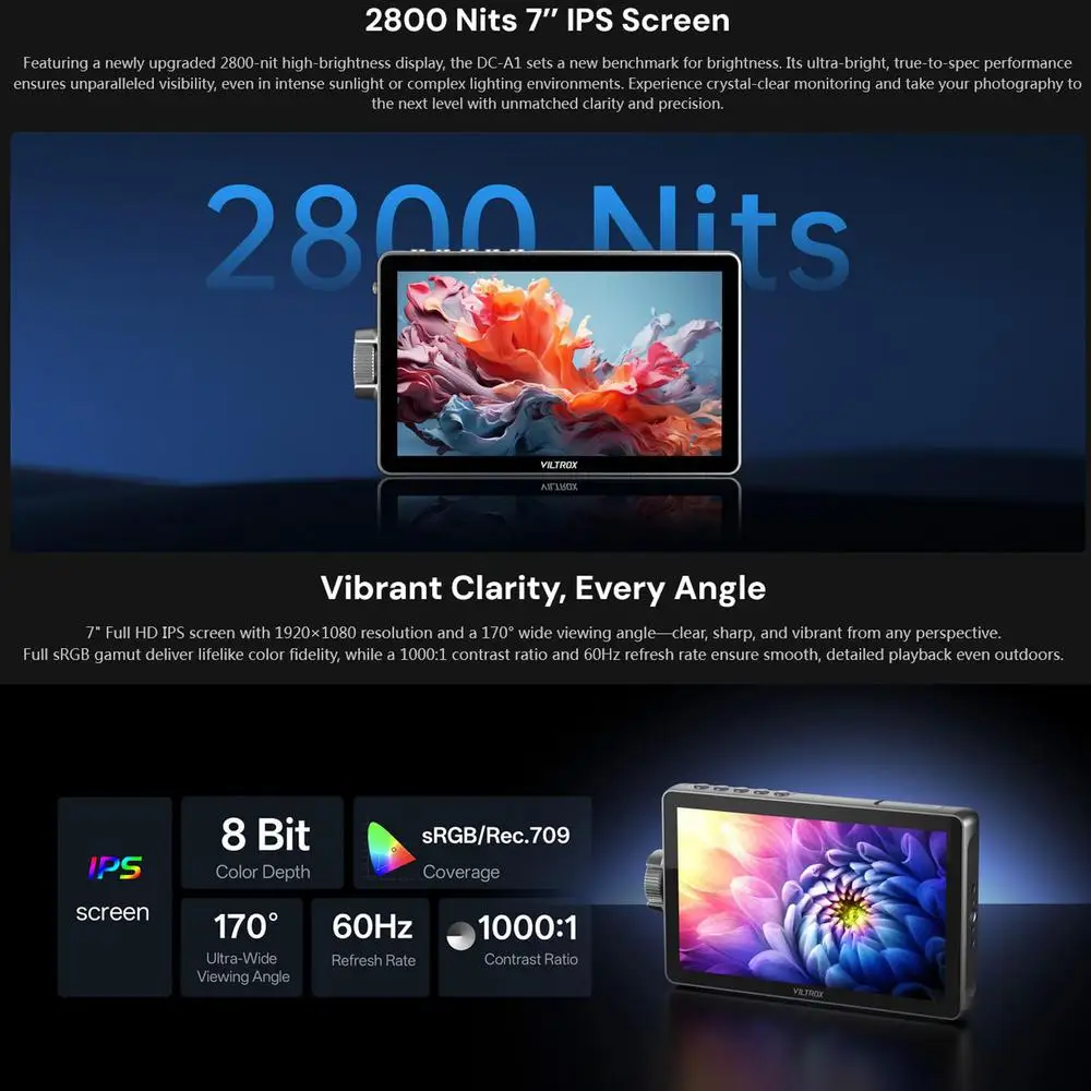 Фото VILTROX DC-A1 2800nit 7-дюймовый монитор видеополя 4K камера внешний монитор для фотографии видеоблогов кинопроизводство ТВ №2