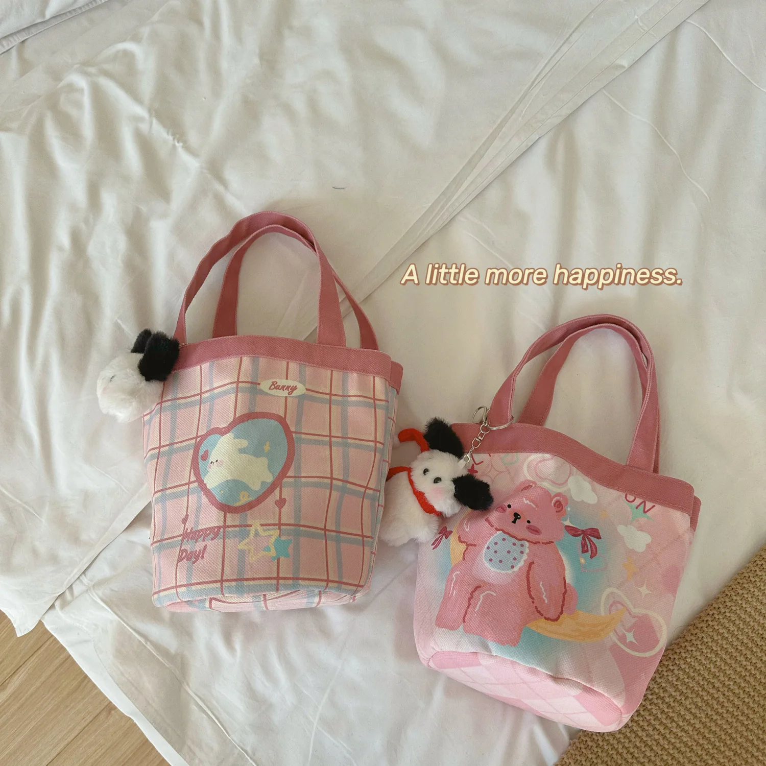 Cute Sweet Cartoon Printed Bucket Bag Portable Canvas Bag Women's Shopping Tote Bag Work Bento Bag Kawaii Women's Handbag