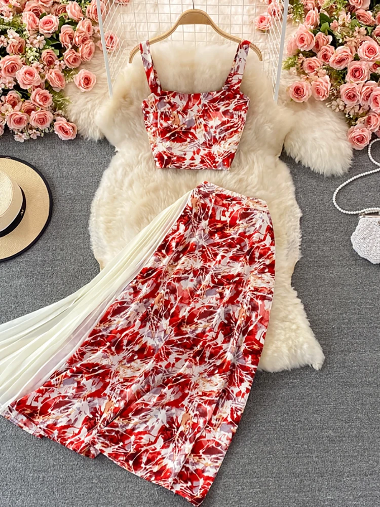 

Summer Bohemian Women Two Piece Set Sexy Square Collar Short Camis + High Waist Pleated Patchwork Skirt Vacation Suit Female New